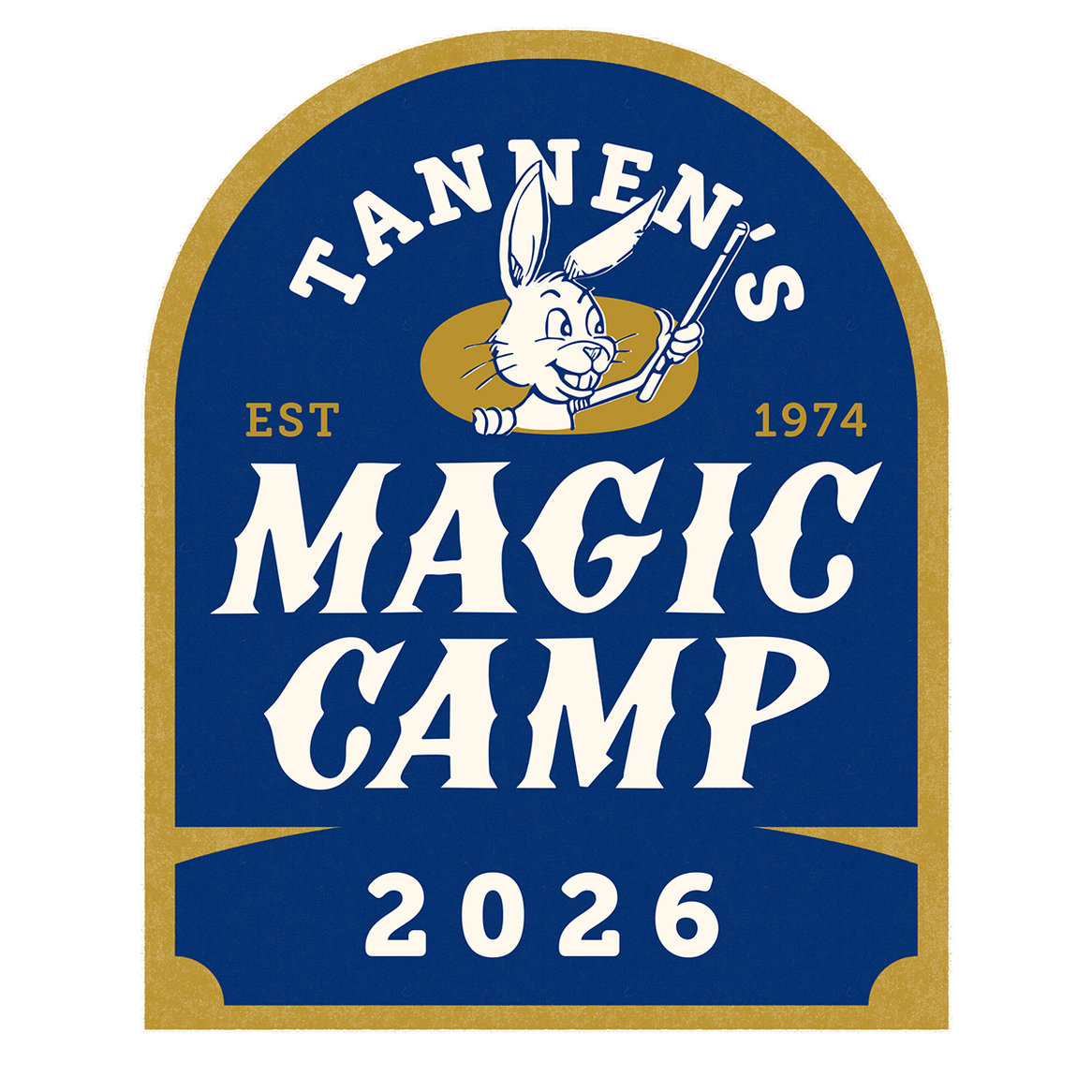 Logo for Tannen's Magic Camp with a cartoon rabbit holding a wand on a blue background.
