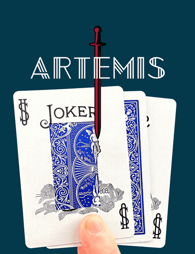 Playing cards with a joker card featuring a sword and the word 'Artemis' on a dark blue background.