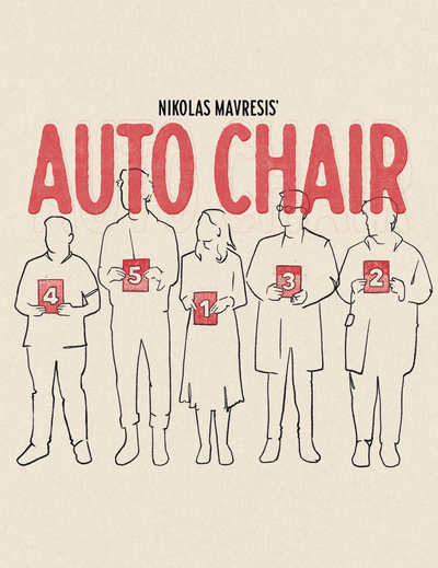 Cover of 'Auto Chair' by Nikolas Mavresis with line drawings of people holding cards.