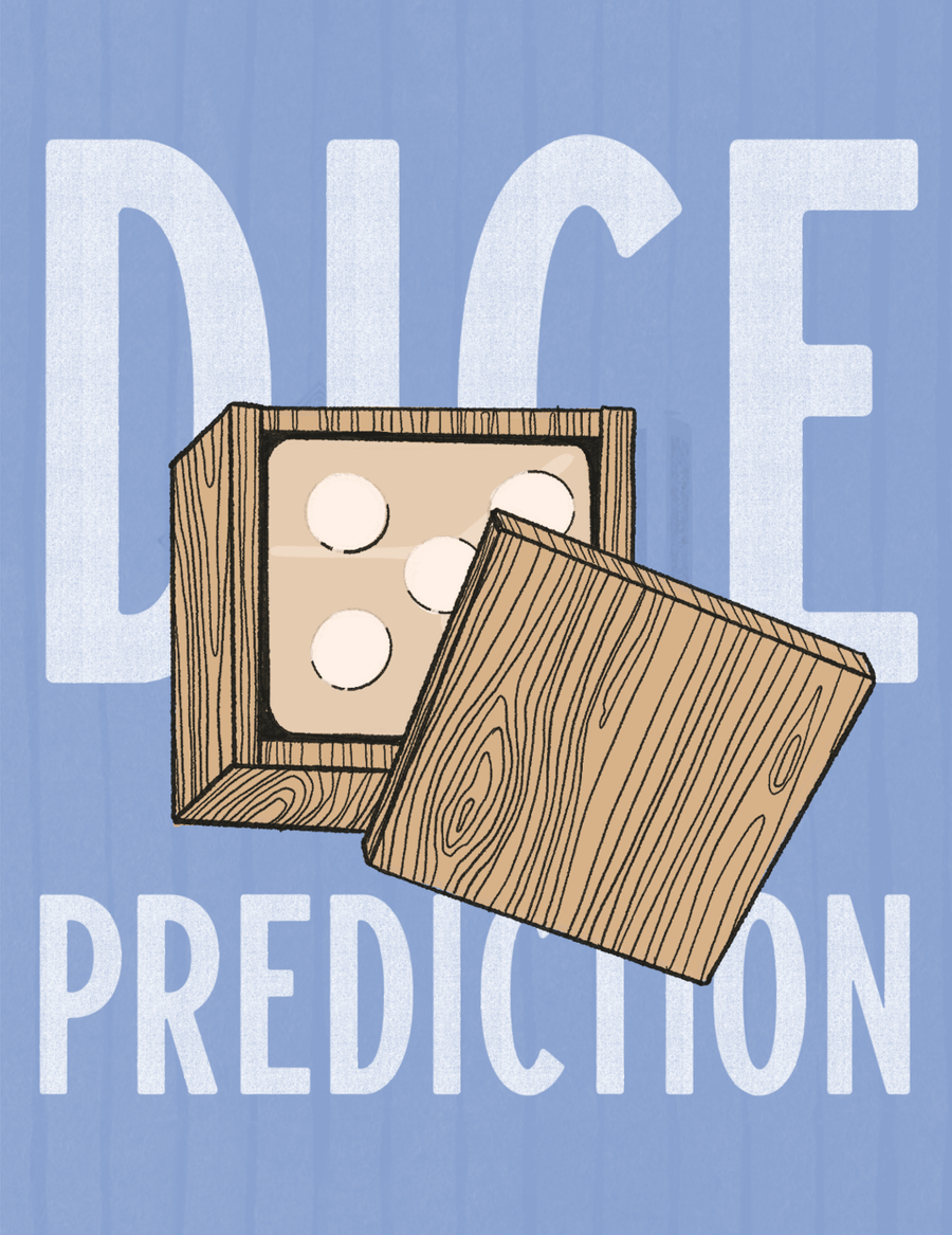 Wooden dice box with dice and text 'Dice Prediction' on a blue background