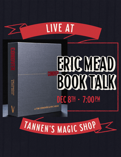 Promotional poster for Eric Mead book talk at Tannen's Magic Shop with a book and red banners.