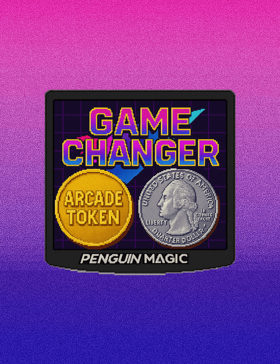 Arcade token with 'Game Changer' text on a gradient purple and blue background