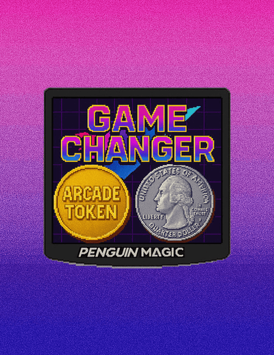 Arcade token with 'Game Changer' text on a gradient purple and blue background
