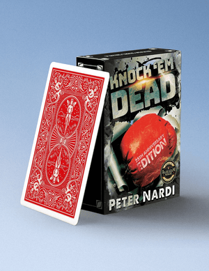 A deck of playing cards with a red back design leaning against its black retail box, which reads 'Knock 'Em Dead' and 'Peter Nardi'.