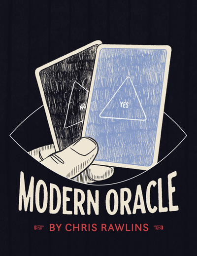 Illustration with two cards and a hand holding them, labeled 'Modern Oracle by Chris Rawlins' on a black background.