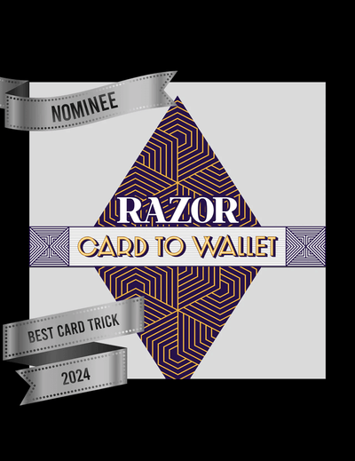 Promotional card for 'Razor Card to Wallet' with geometric design and award text on a white background