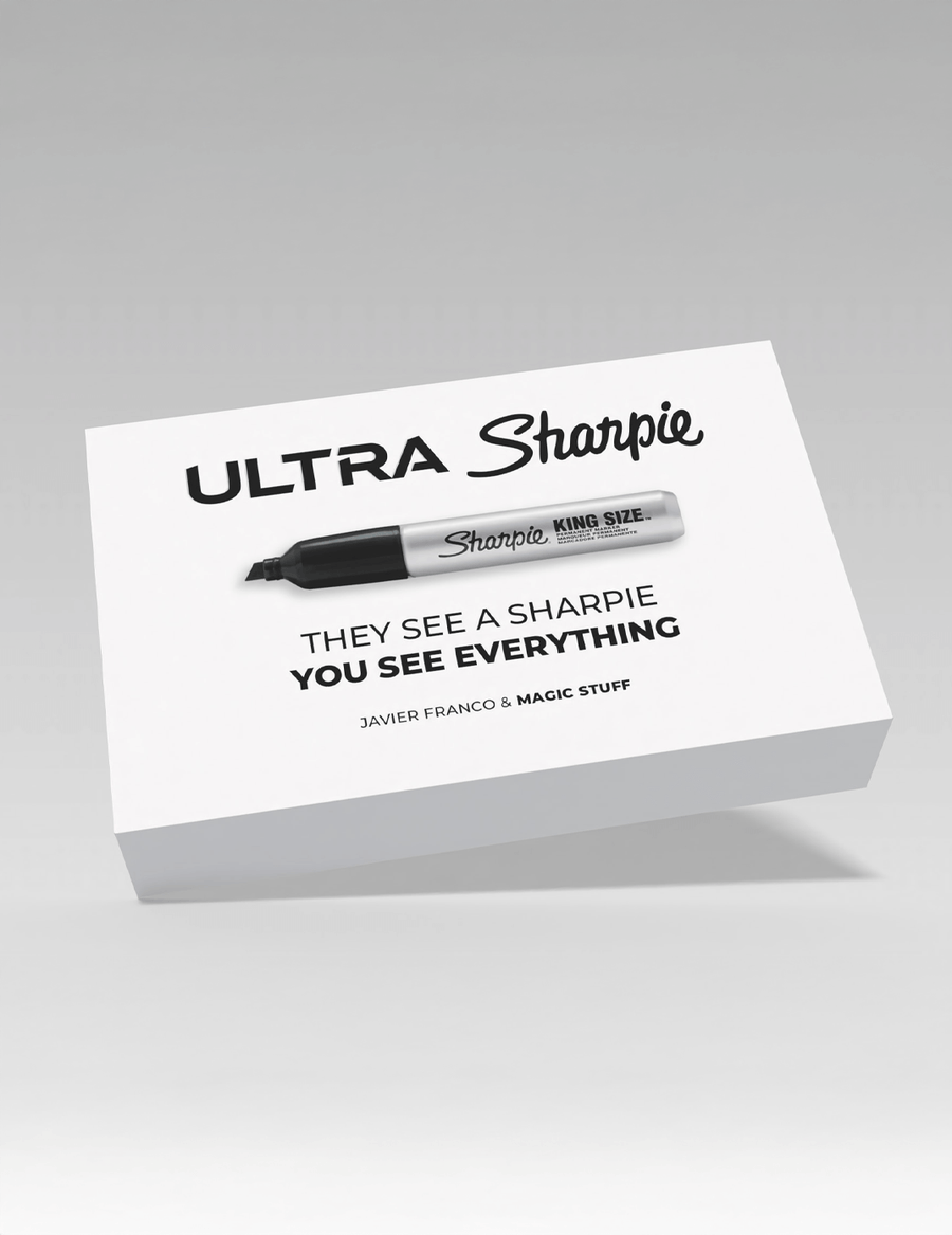 Box of Ultra Sharpie marker with branding and tagline on a gray background